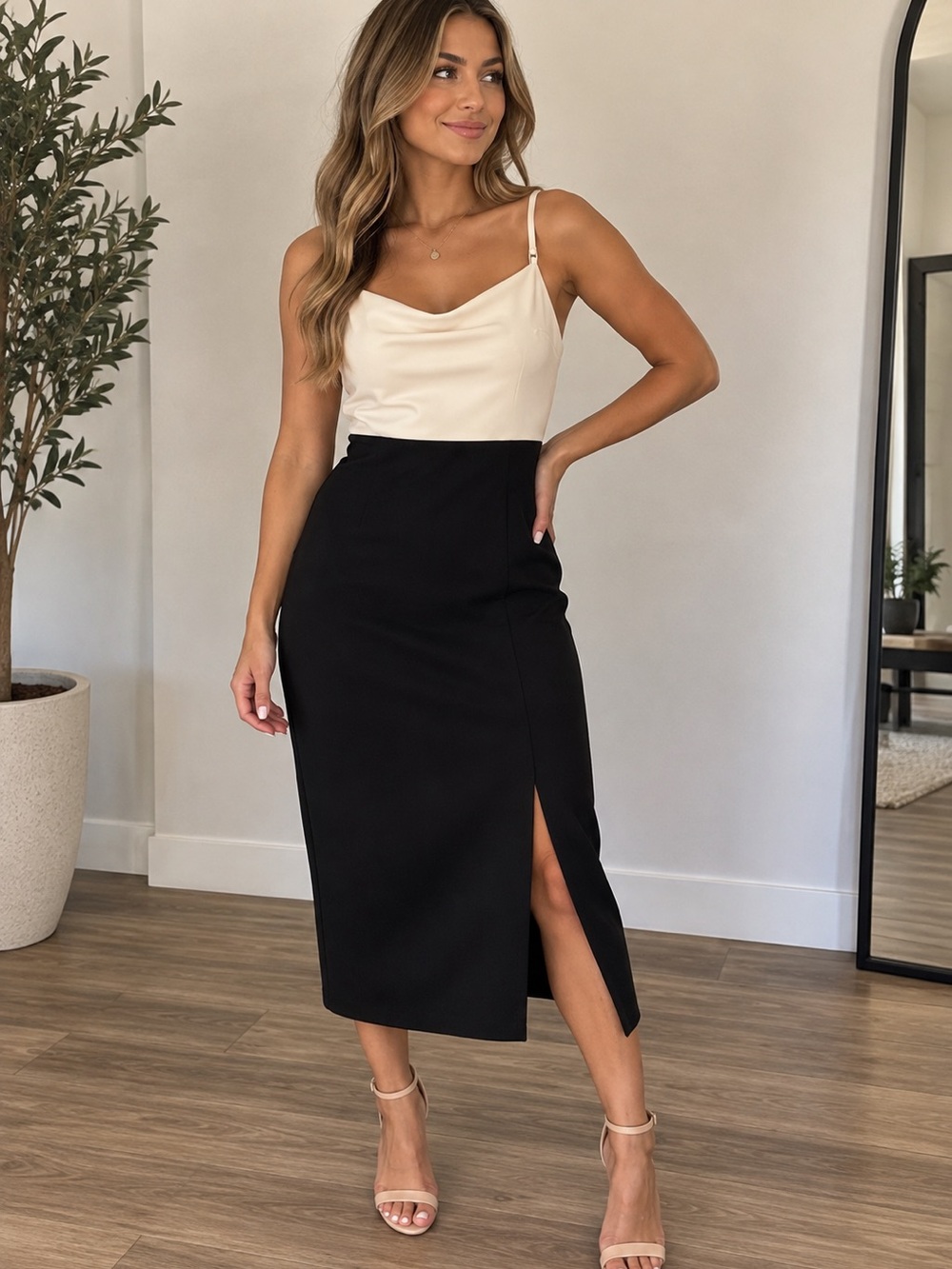 Express Two-Tone Black and Cream Midi Skirt with Side Slit